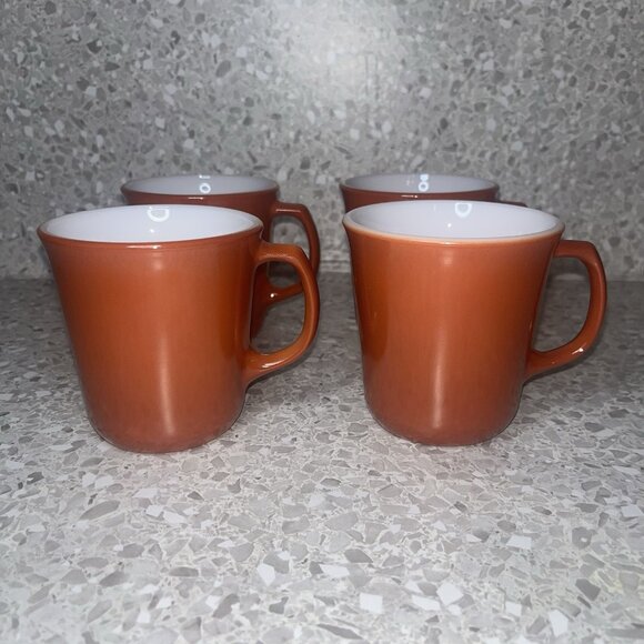 PYREX Milk Glass Rust Burnt Orange D Handle Coffee Mug Cup Set of 4 Corning USA - Picture 1 of 9